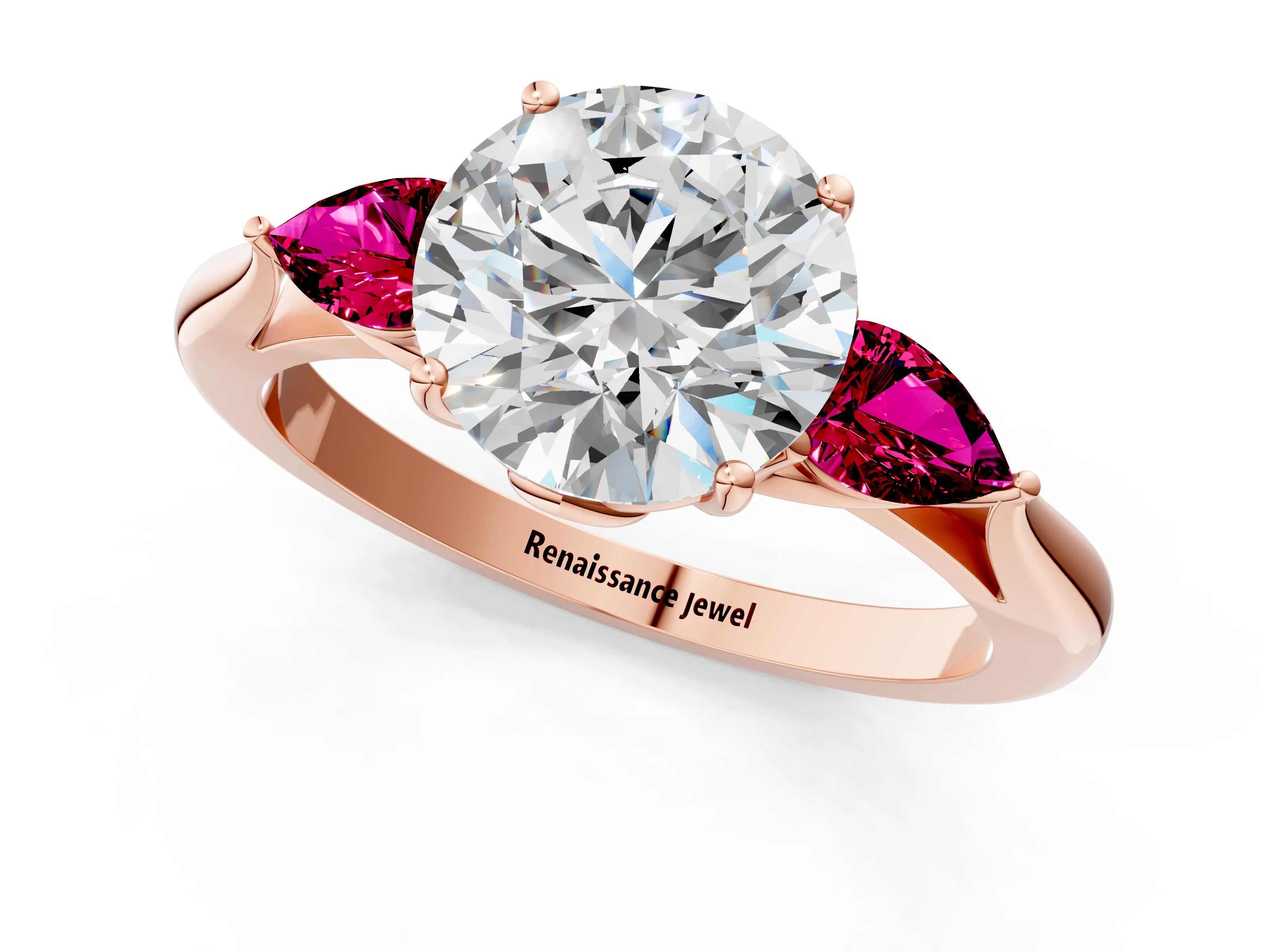Rose gold Round Cut Diamond Three-Stone Ring with Pear with Garnet side stone Side Stones and Prong Setting_1
