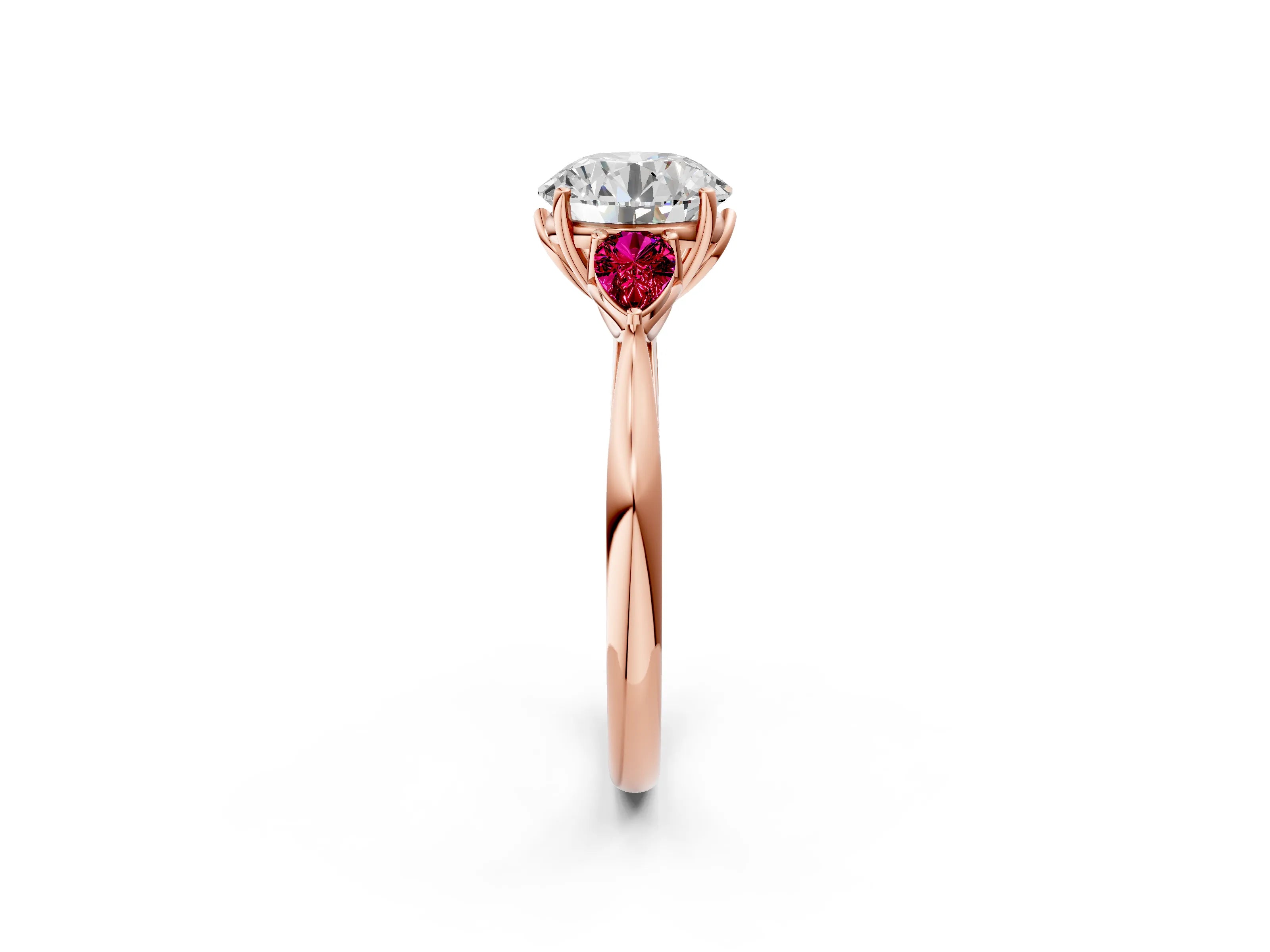 Rose gold Round Cut Diamond Three-Stone Ring with Pear with Garnet side stone Side Stones and Prong Setting_2