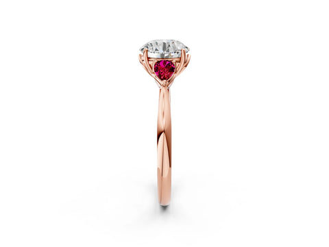 Rose gold Round Cut Diamond Three-Stone Ring with Pear with Garnet side stone Side Stones and Prong Setting_2