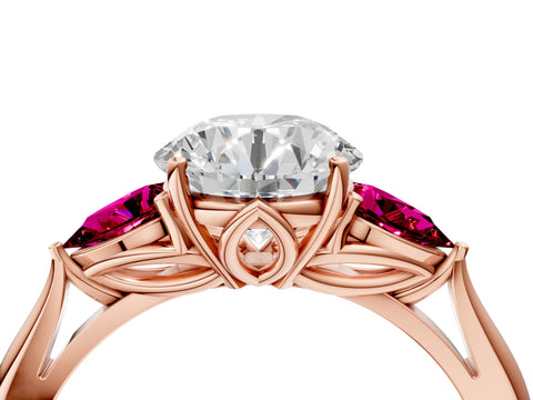 Rose gold Round Cut Diamond Three-Stone Ring with Pear with Garnet side stone Side Stones and Prong Setting_4