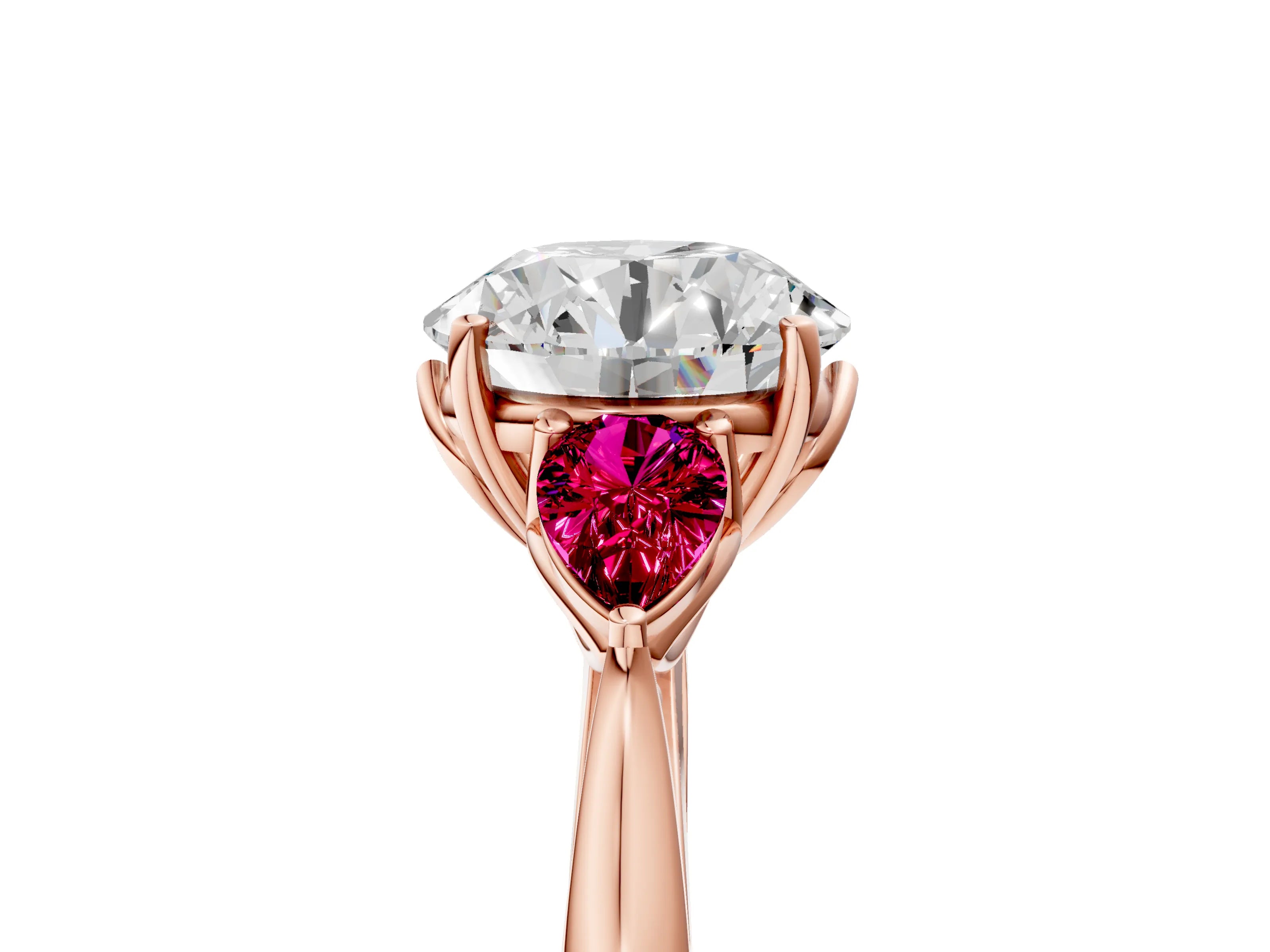 Rose gold Round Cut Diamond Three-Stone Ring with Pear with Garnet side stone Side Stones and Prong Setting_5