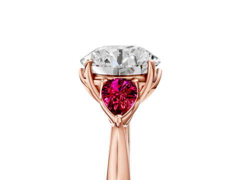 Rose gold Round Cut Diamond Three-Stone Ring with Pear with Garnet side stone Side Stones and Prong Setting_5