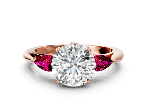 Rose gold Round Cut Diamond Three-Stone Ring with Pear with Garnet side stone Side Stones and Prong Setting