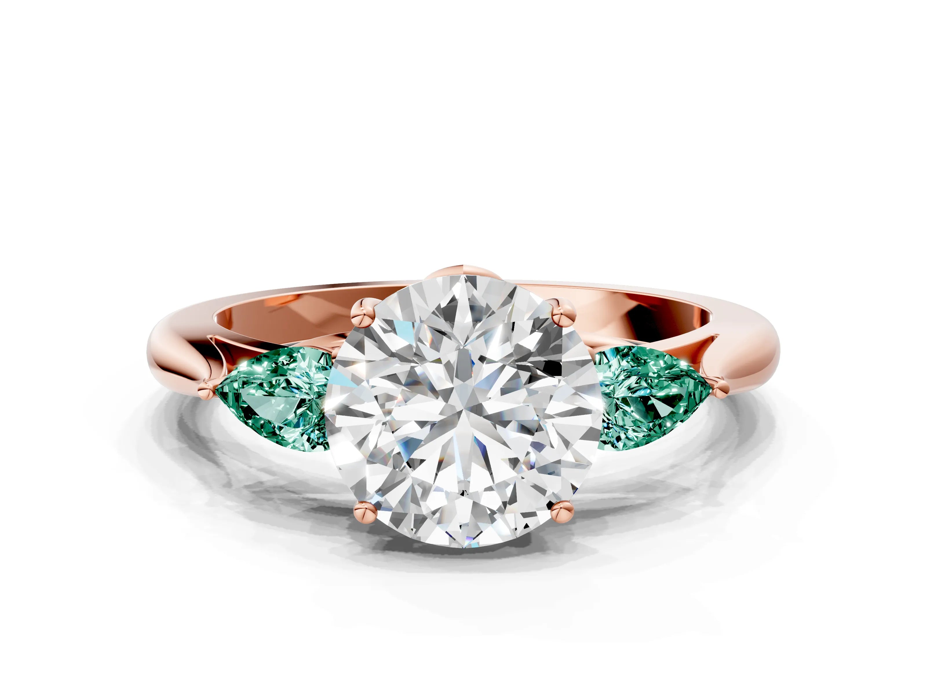 Rose gold Round Cut Diamond Three-Stone Ring with Pear with Green Sapphire side stone Side Stones and Prong Setting
