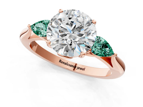 Rose gold Round Cut Diamond Three-Stone Ring with Pear with Green Sapphire side stone Side Stones and Prong Setting_1
