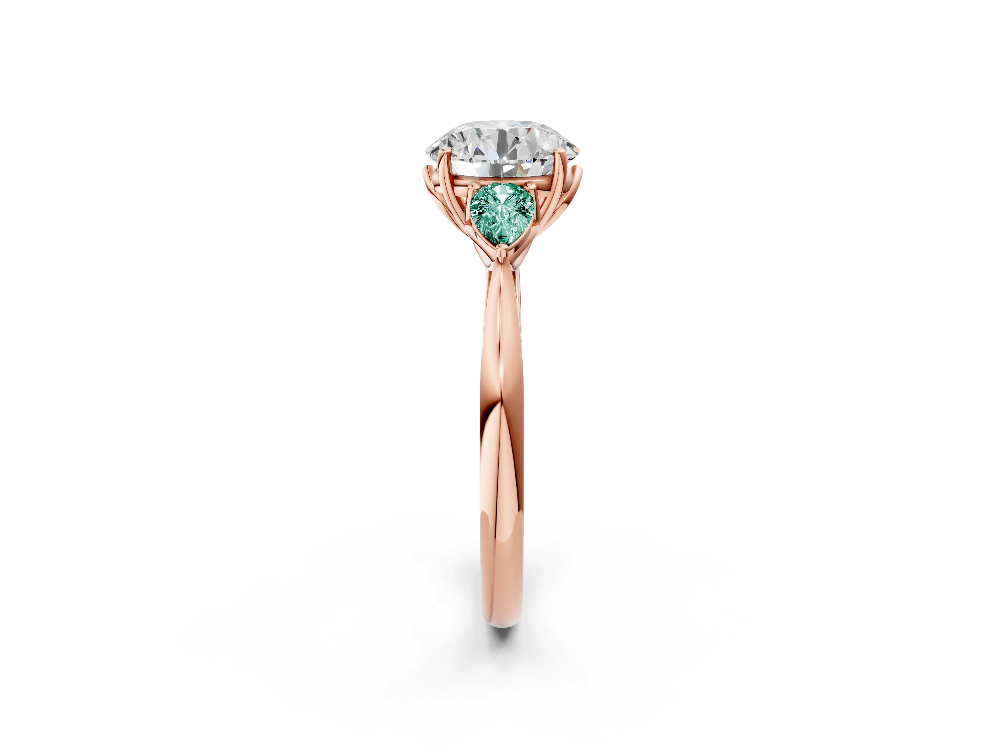 Rose gold Round Cut Diamond Three-Stone Ring with Pear with Green Sapphire side stone Side Stones and Prong Setting_2