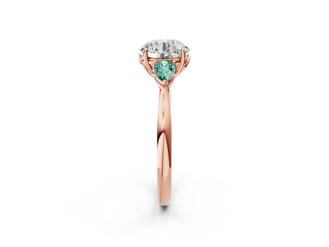 Rose gold Round Cut Diamond Three-Stone Ring with Pear with Green Sapphire side stone Side Stones and Prong Setting_2