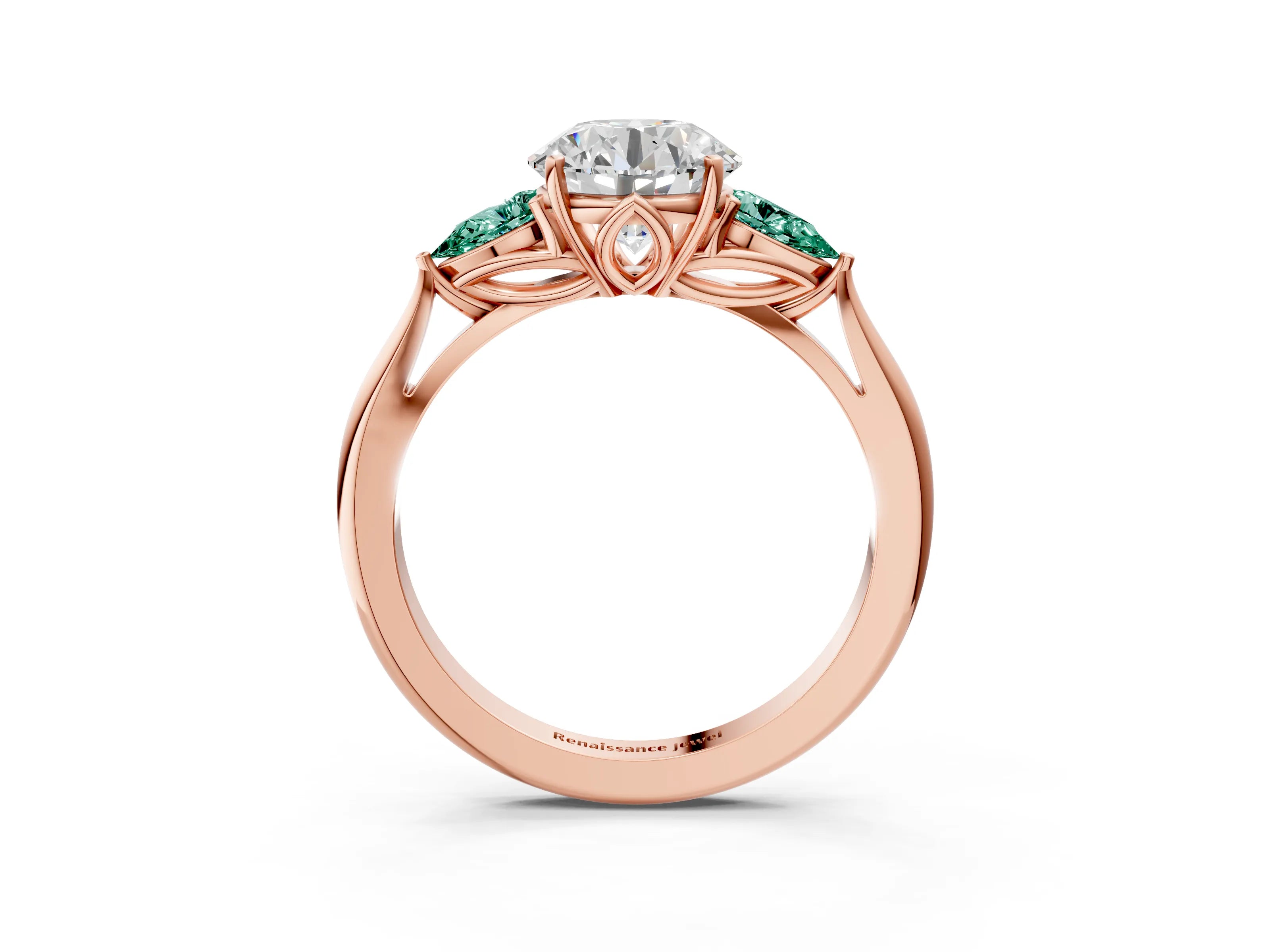 Rose gold Round Cut Diamond Three-Stone Ring with Pear with Green Sapphire side stone Side Stones and Prong Setting_3