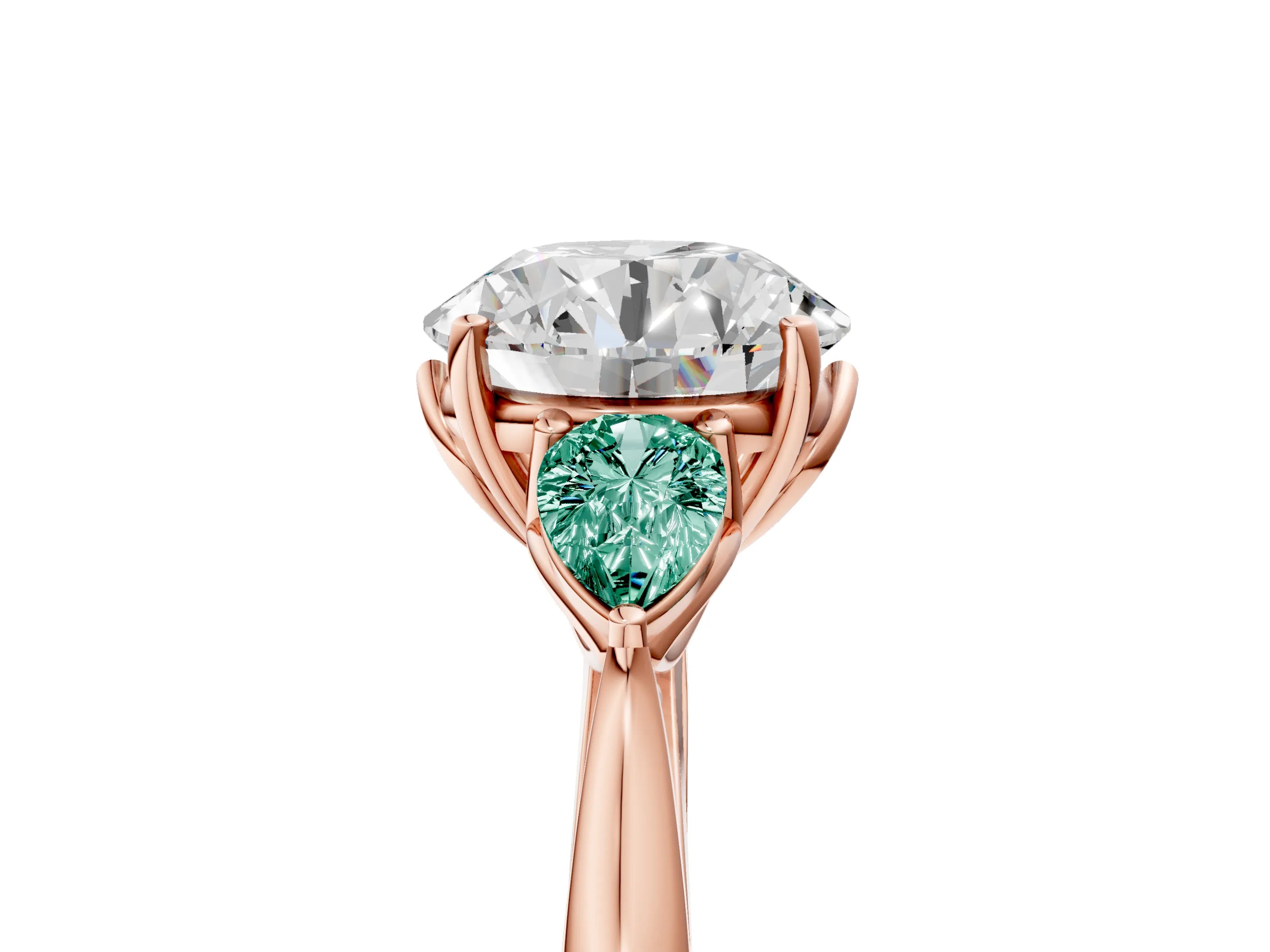 Rose gold Round Cut Diamond Three-Stone Ring with Pear with Green Sapphire side stone Side Stones and Prong Setting_5