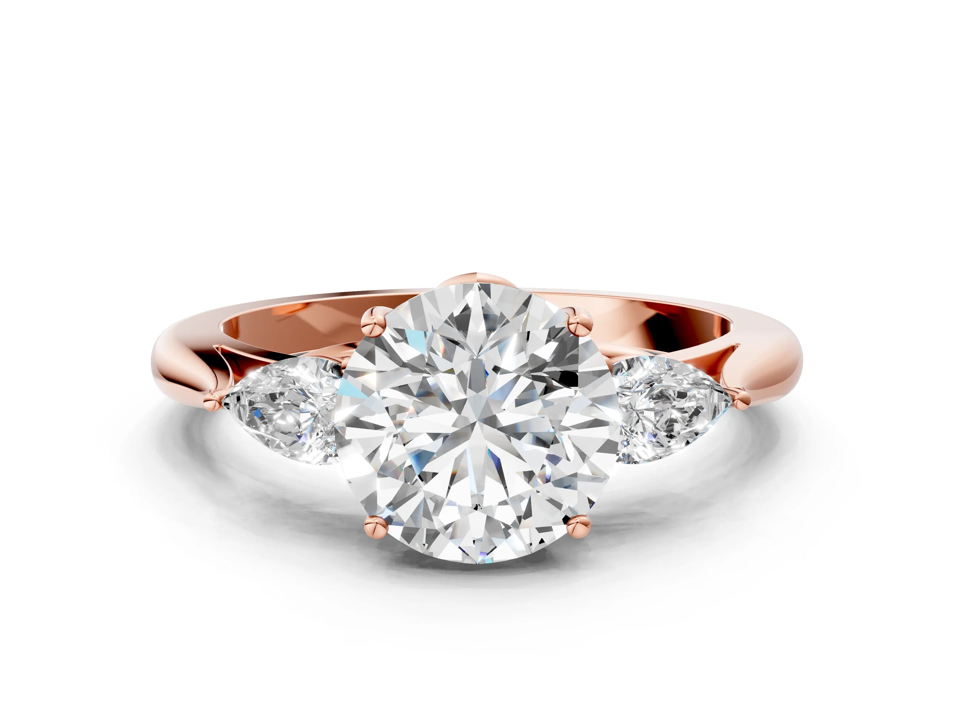 Rose gold Round Cut Diamond Three-Stone Ring with Pear with Moissanite side stone Side Stones and Prong Setting