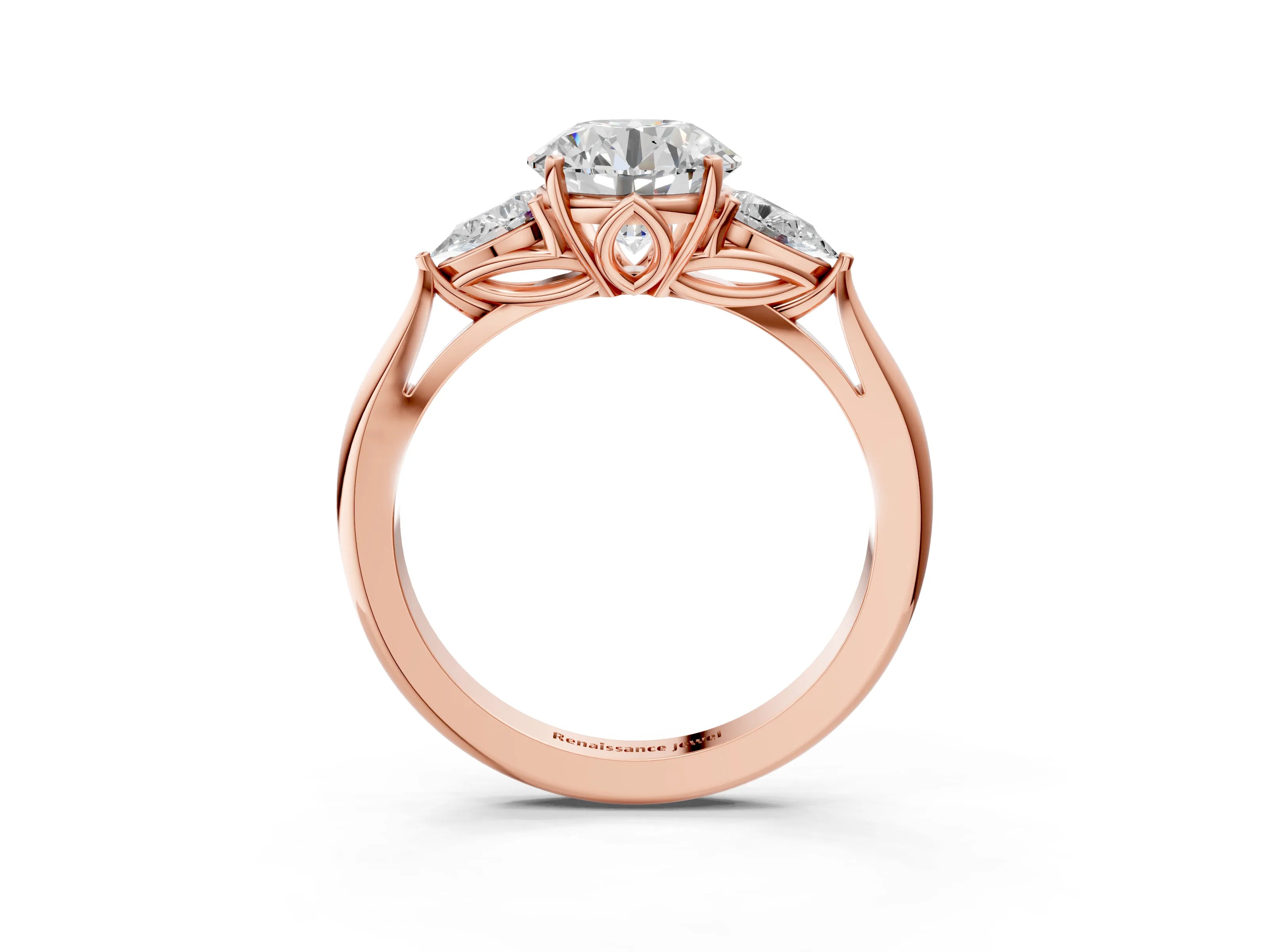 Rose gold Round Cut Diamond Three-Stone Ring with Pear with Moissanite side stone Side Stones and Prong Setting_3