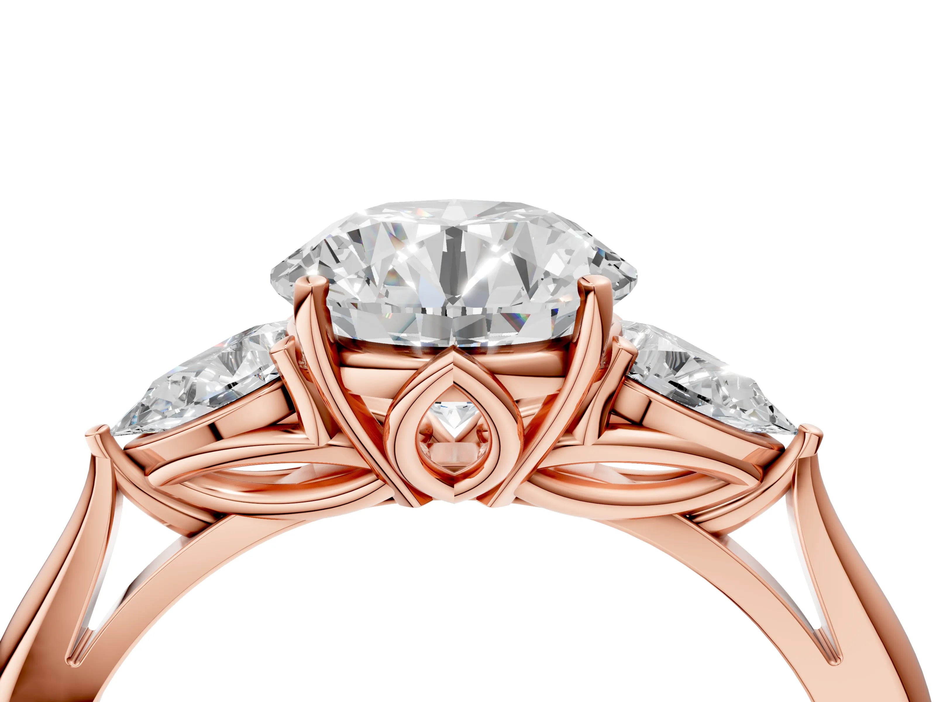 Rose gold Round Cut Diamond Three-Stone Ring with Pear with Moissanite side stone Side Stones and Prong Setting_4