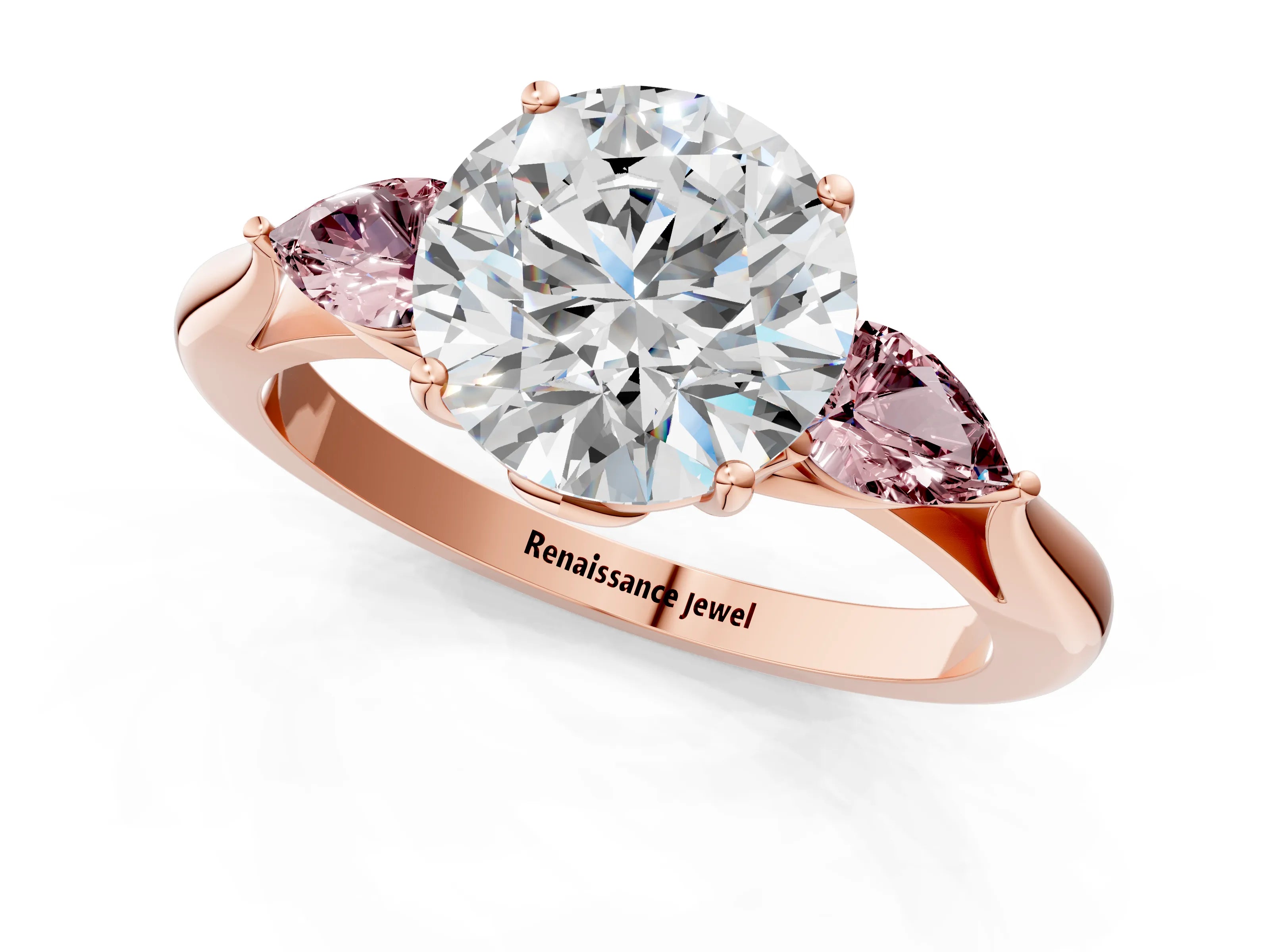 Rose gold Round Cut Diamond Three-Stone Ring with Pear with Morganite side stone Side Stones and Prong Setting_1