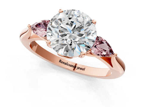 Rose gold Round Cut Diamond Three-Stone Ring with Pear with Morganite side stone Side Stones and Prong Setting_1