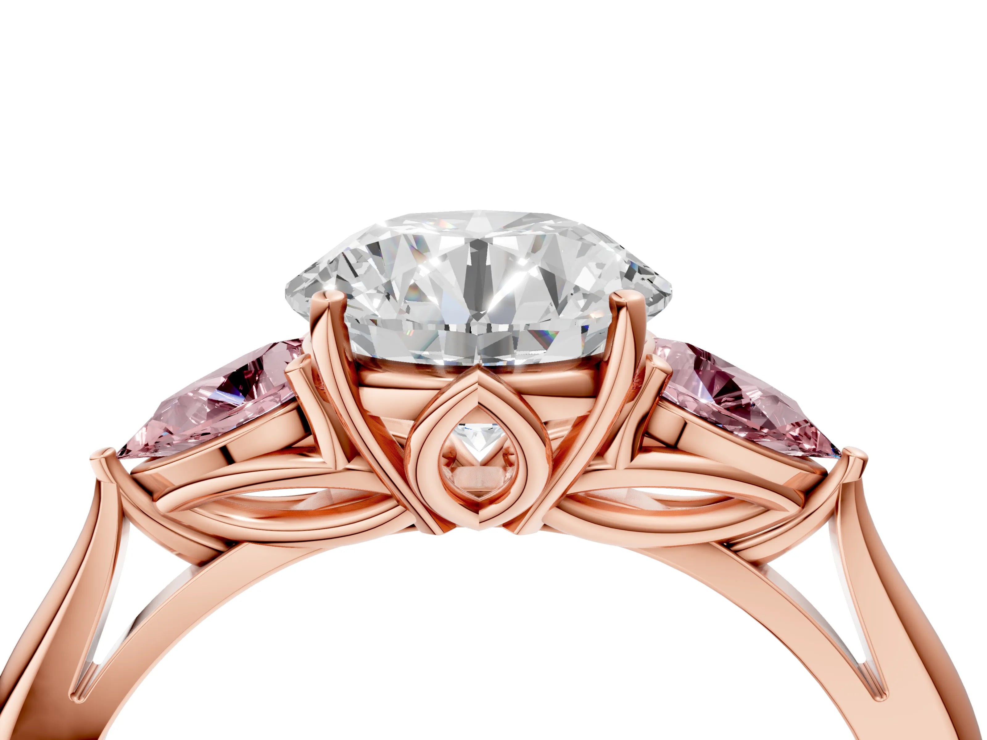 Rose gold Round Cut Diamond Three-Stone Ring with Pear with Morganite side stone Side Stones and Prong Setting_4