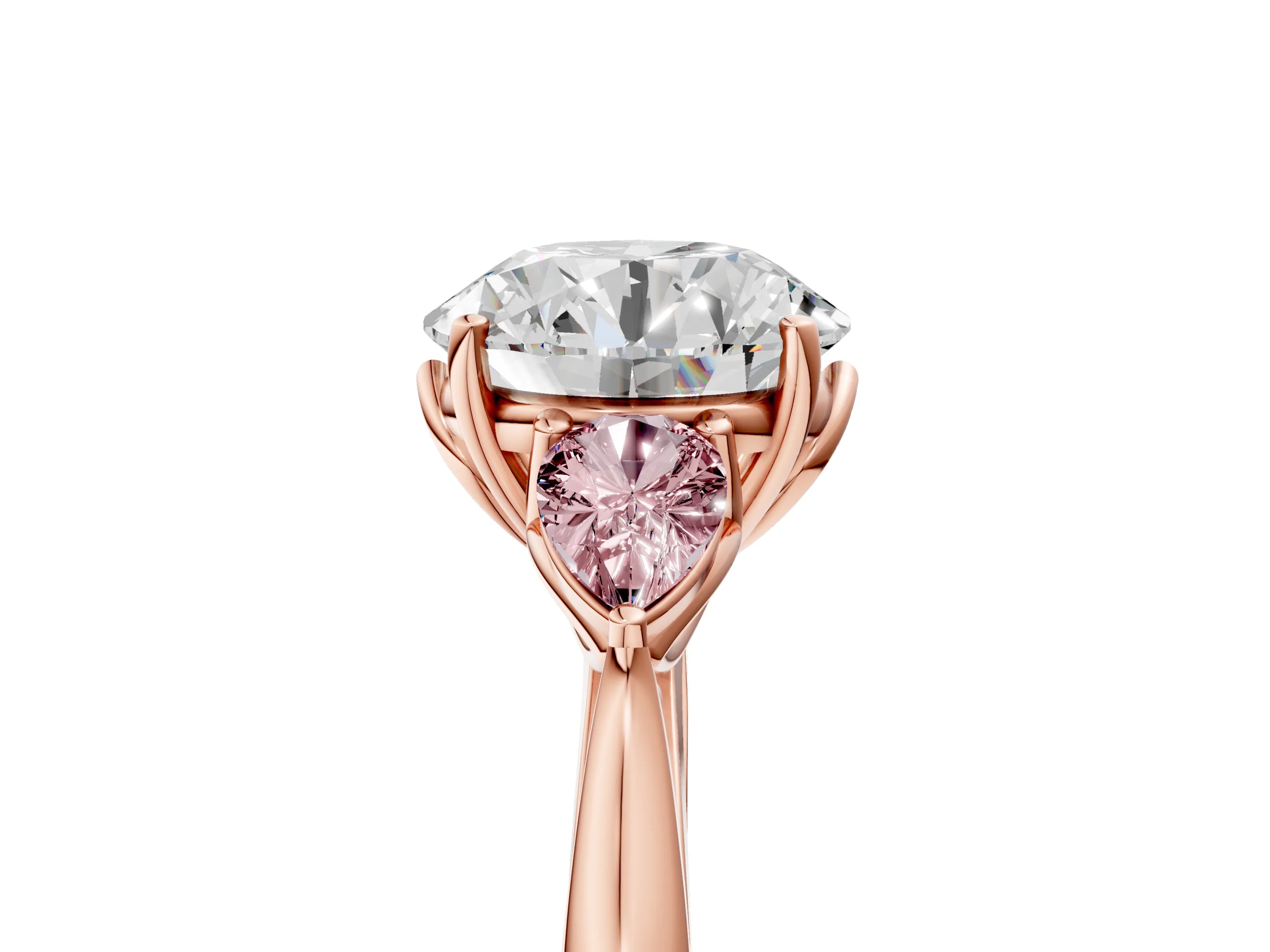 Rose gold Round Cut Diamond Three-Stone Ring with Pear with Morganite side stone Side Stones and Prong Setting_5