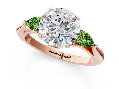 Rose gold Round Cut Diamond Three-Stone Ring with Pear with Peridot side stone Side Stones and Prong Setting_1