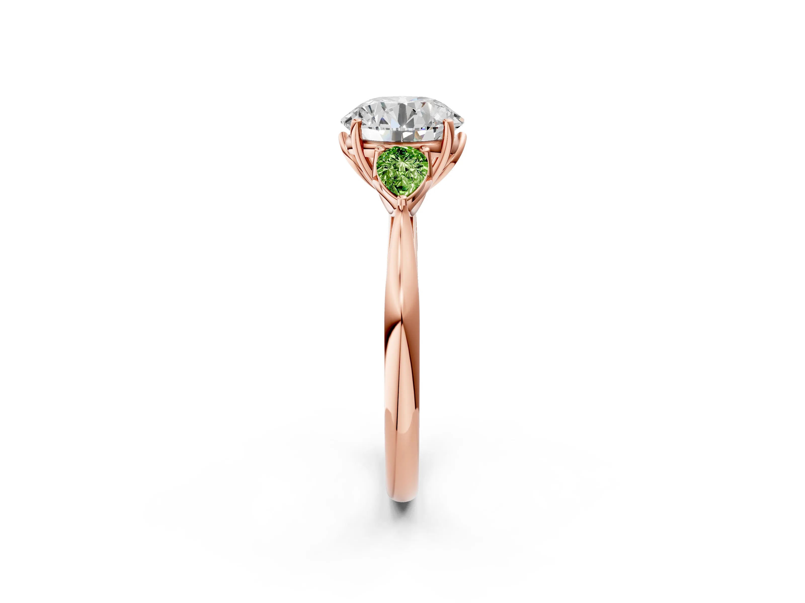Rose gold Round Cut Diamond Three-Stone Ring with Pear with Peridot side stone Side Stones and Prong Setting_2