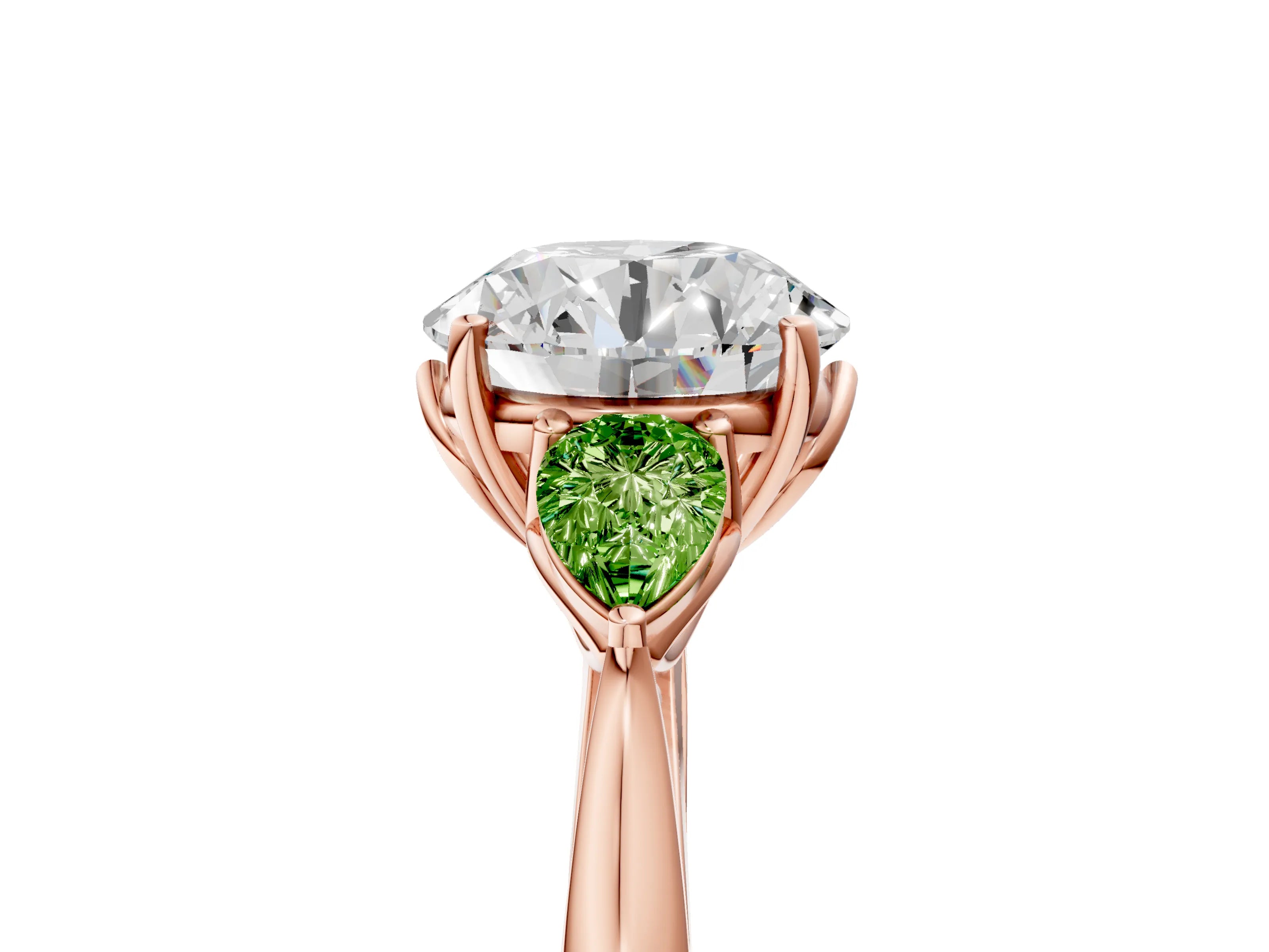 Rose gold Round Cut Diamond Three-Stone Ring with Pear with Peridot side stone Side Stones and Prong Setting_5