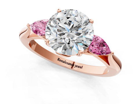 Rose gold Round Cut Diamond Three-Stone Ring with Pear with Pink Sapphire side stone Side Stones and Prong Setting_1