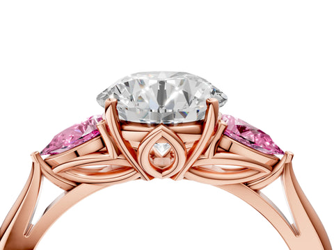 Rose gold Round Cut Diamond Three-Stone Ring with Pear with Pink Sapphire side stone Side Stones and Prong Setting_4