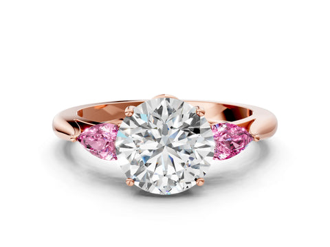 Rose gold Round Cut Diamond Three-Stone Ring with Pear with Pink Sapphire side stone Side Stones and Prong Setting