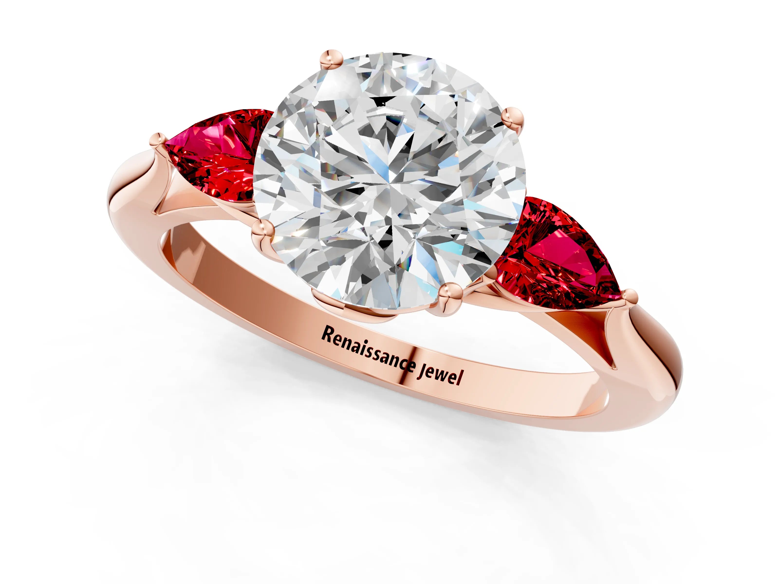 Rose gold Round Cut Diamond Three-Stone Ring with Pear with Ruby side stone Side Stones and Prong Setting_1