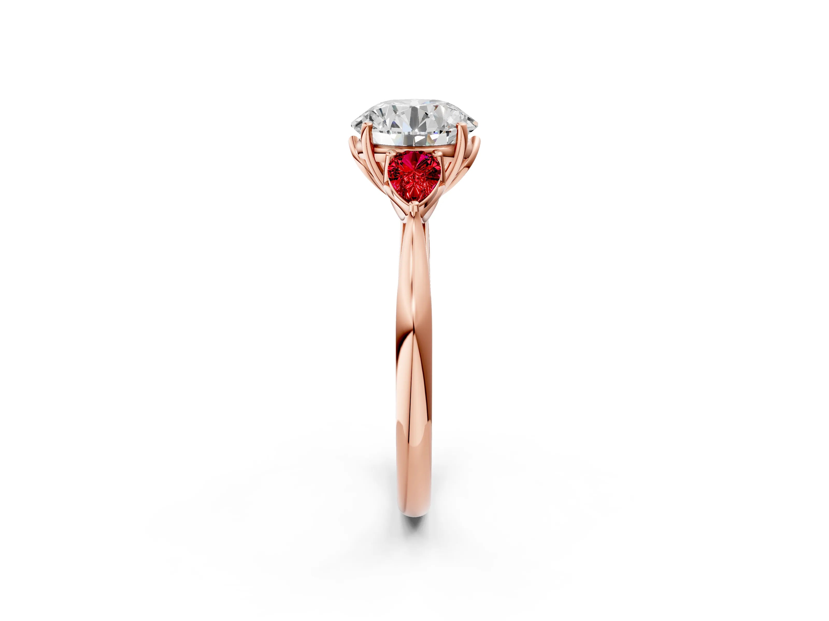 Rose gold Round Cut Diamond Three-Stone Ring with Pear with Ruby side stone Side Stones and Prong Setting_2