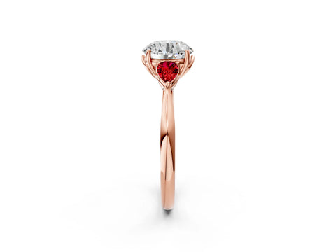 Rose gold Round Cut Diamond Three-Stone Ring with Pear with Ruby side stone Side Stones and Prong Setting_2