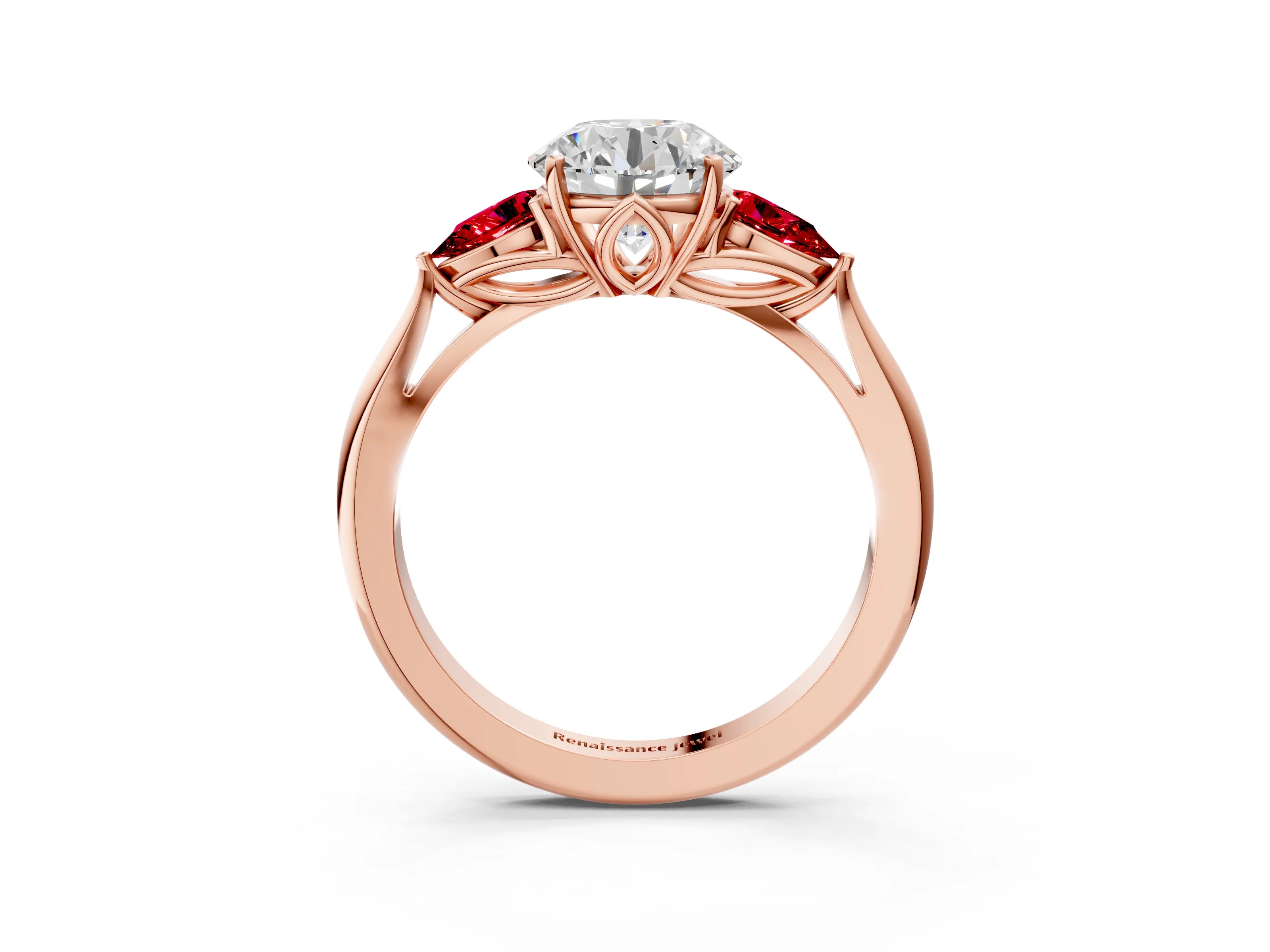 Rose gold Round Cut Diamond Three-Stone Ring with Pear with Ruby side stone Side Stones and Prong Setting_3