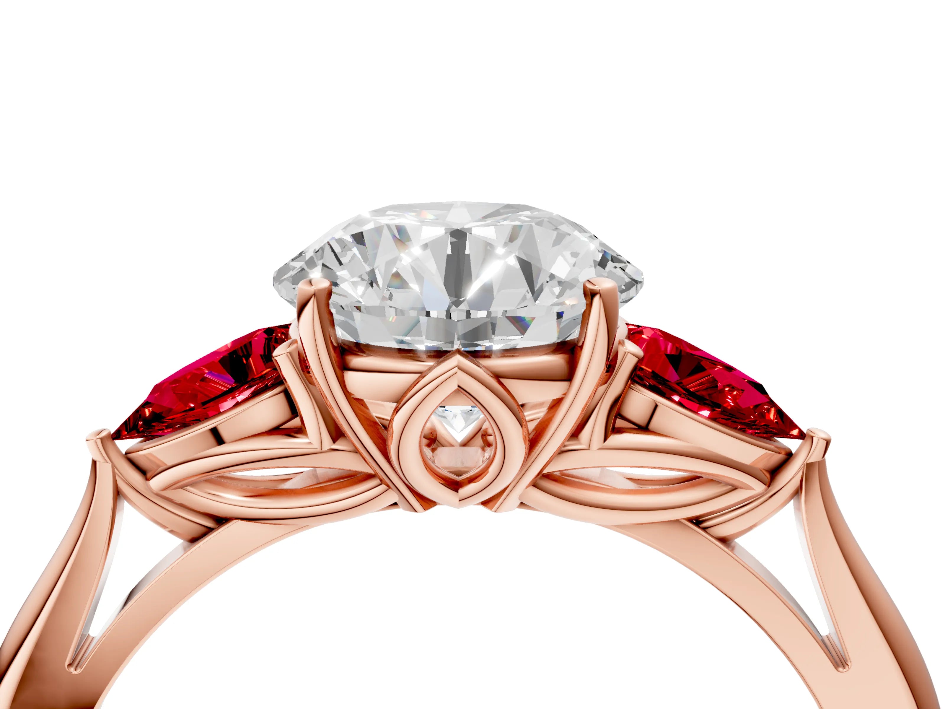 Rose gold Round Cut Diamond Three-Stone Ring with Pear with Ruby side stone Side Stones and Prong Setting_4