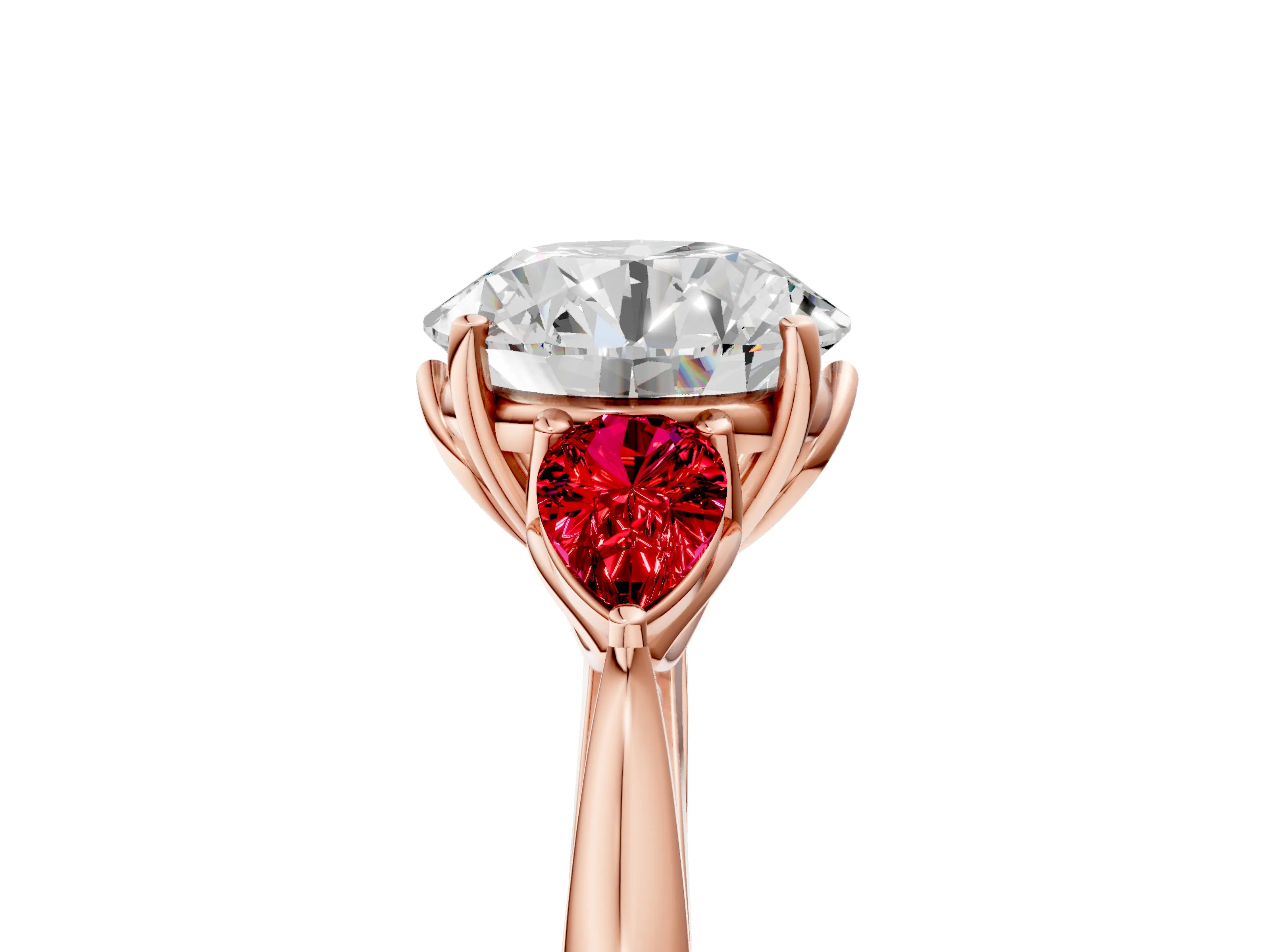 Rose gold Round Cut Diamond Three-Stone Ring with Pear with Ruby side stone Side Stones and Prong Setting_5