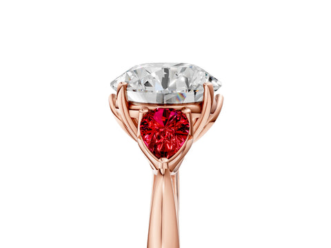 Rose gold Round Cut Diamond Three-Stone Ring with Pear with Ruby side stone Side Stones and Prong Setting_5