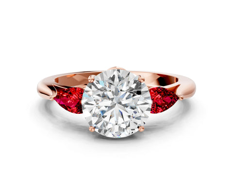 Rose gold Round Cut Diamond Three-Stone Ring with Pear with Ruby side stone Side Stones and Prong Setting