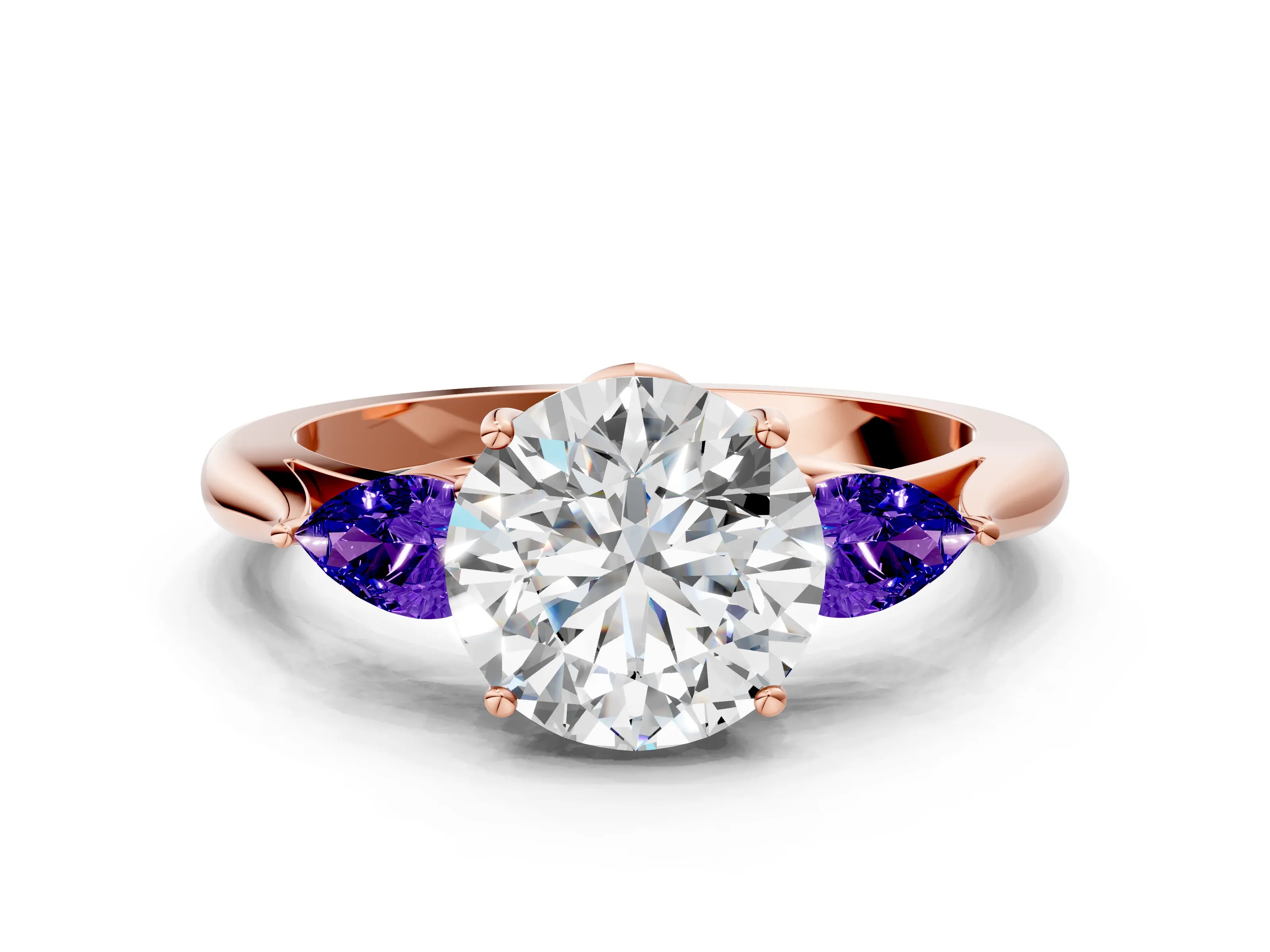 Rose gold Round Cut Diamond Three-Stone Ring with Pear with Tanzanite side stone Side Stones and Prong Setting