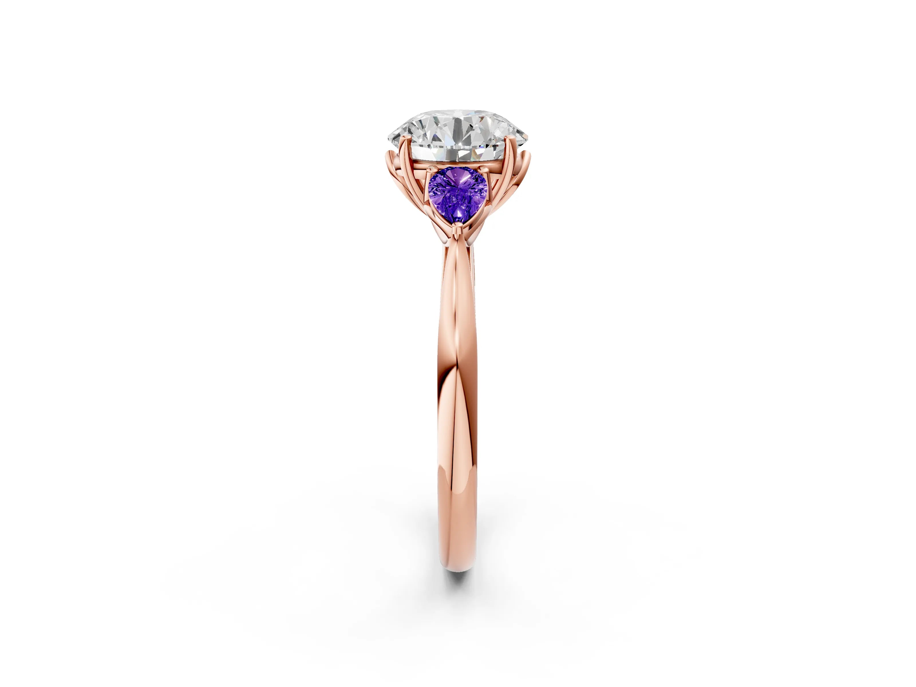 Rose gold Round Cut Diamond Three-Stone Ring with Pear with Tanzanite side stone Side Stones and Prong Setting_2