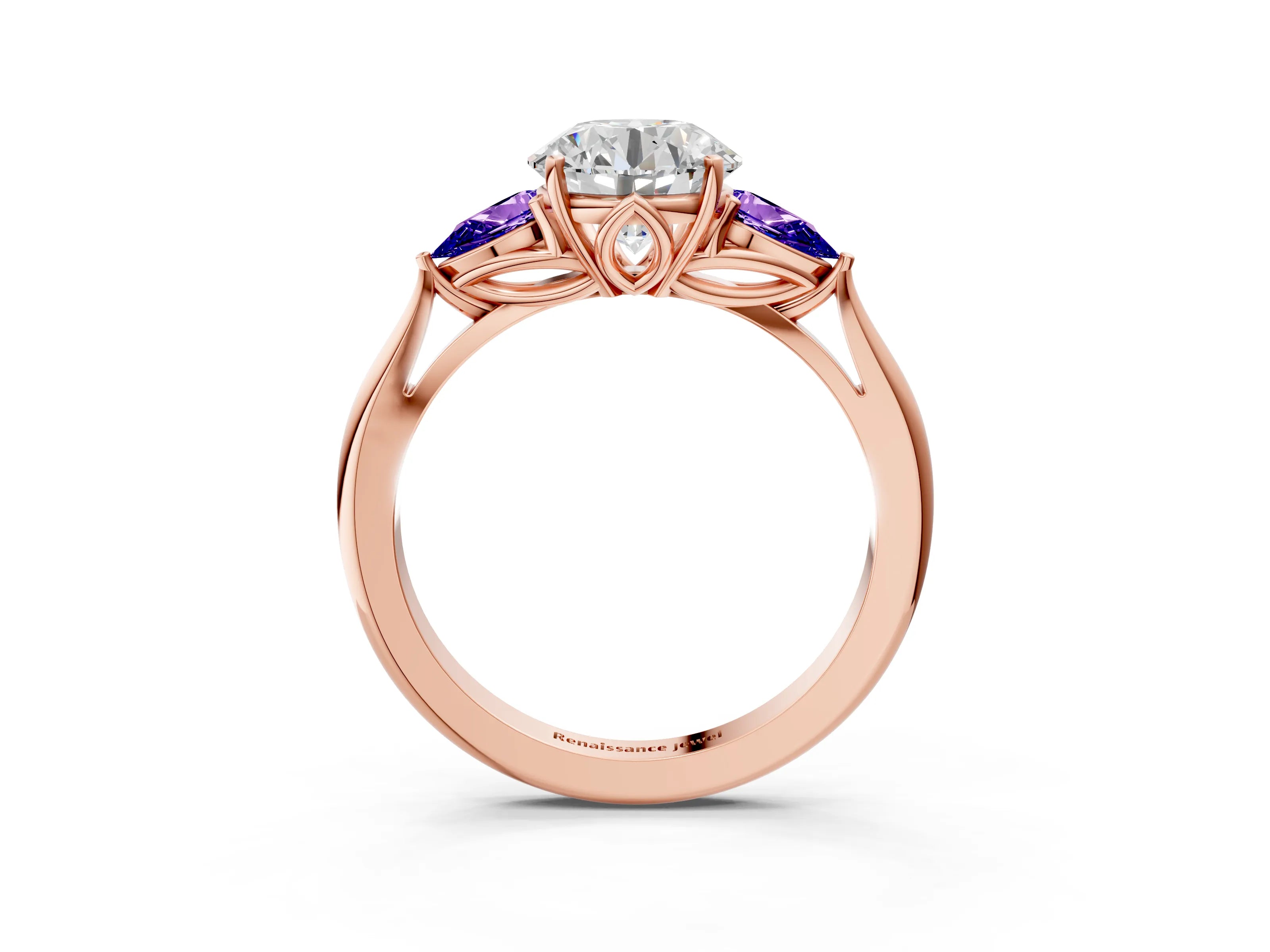 Rose gold Round Cut Diamond Three-Stone Ring with Pear with Tanzanite side stone Side Stones and Prong Setting_3