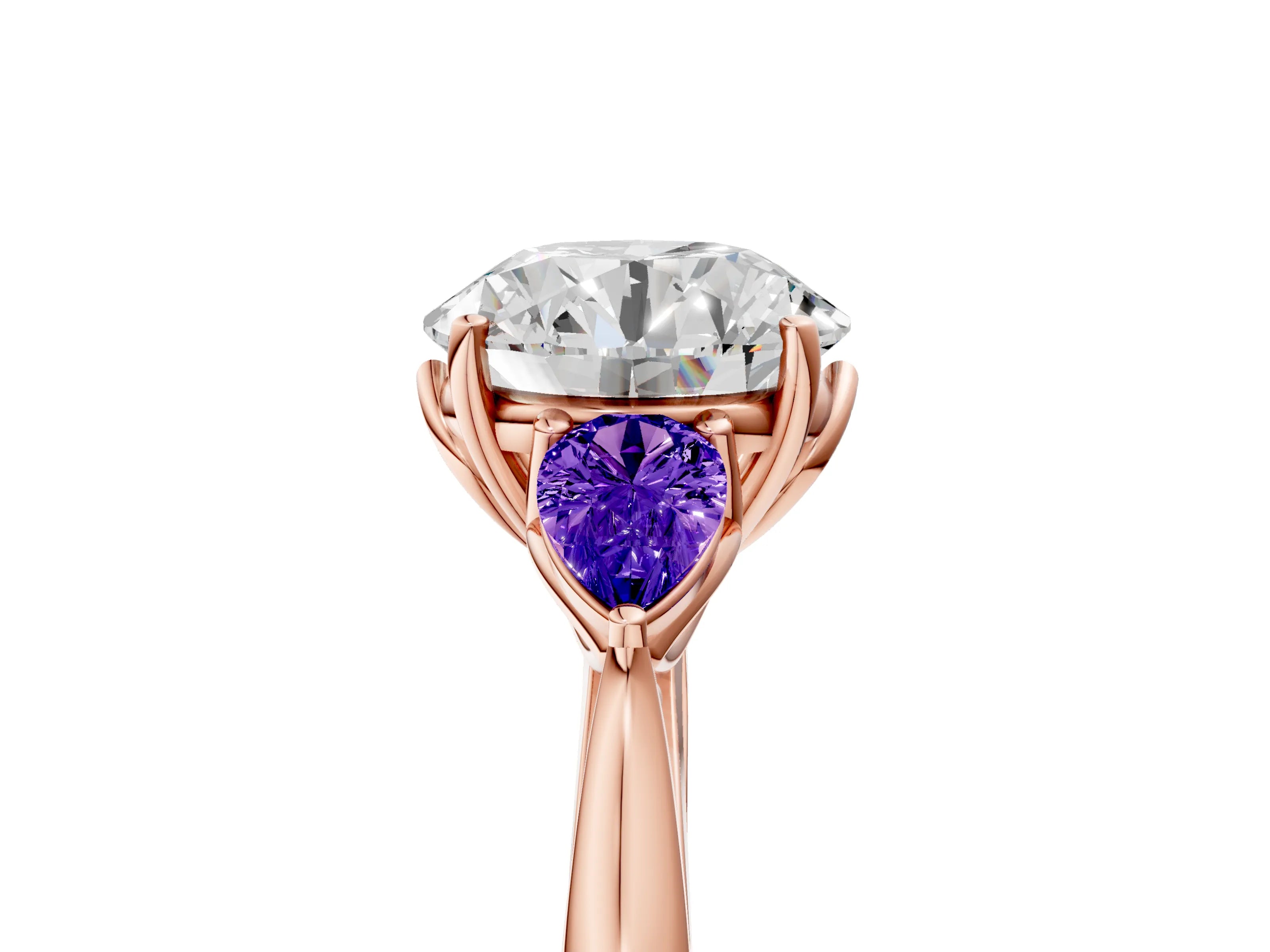 Rose gold Round Cut Diamond Three-Stone Ring with Pear with Tanzanite side stone Side Stones and Prong Setting_5