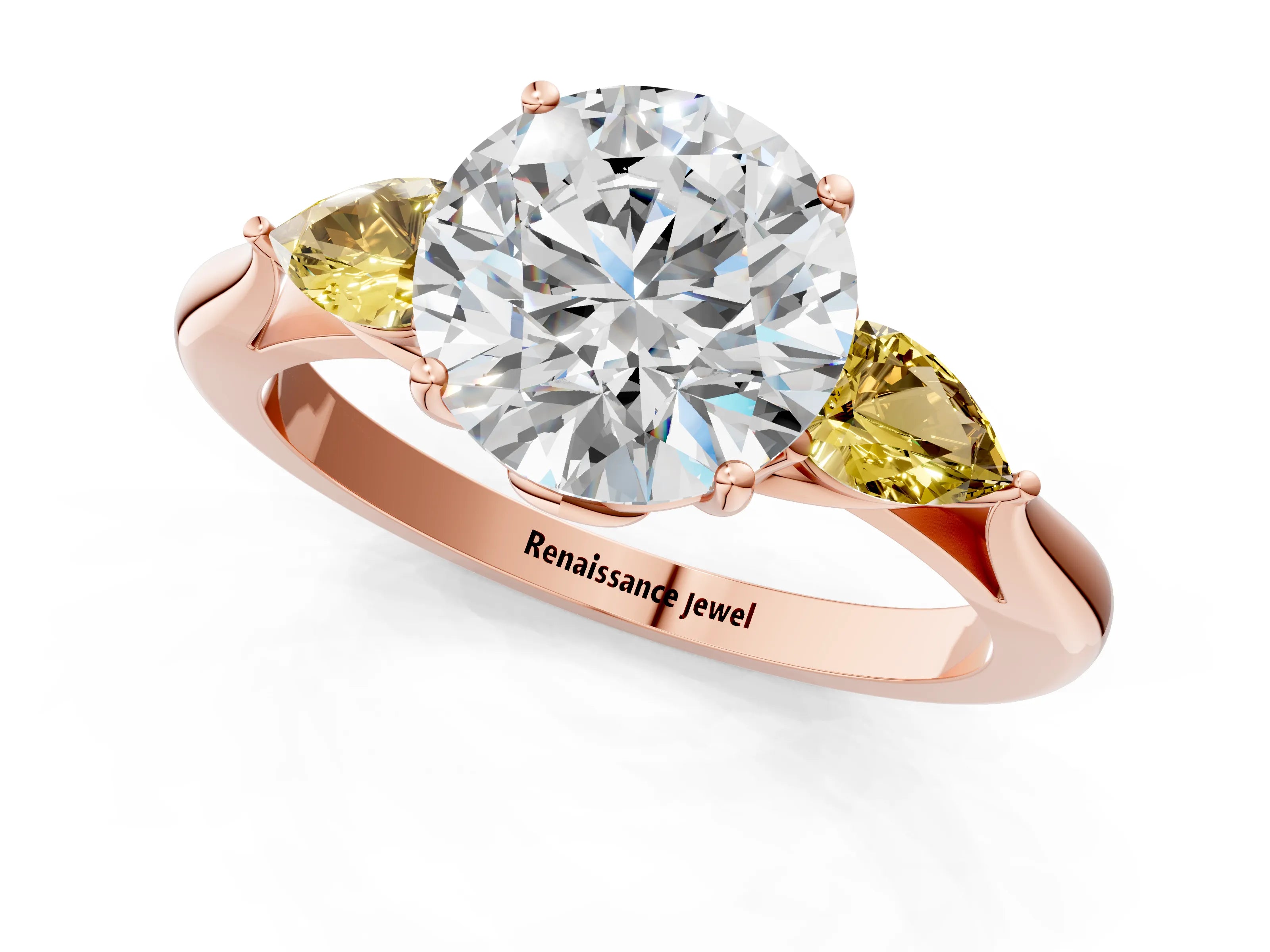 Rose gold Round Cut Diamond Three-Stone Ring with Pear with Yellow Sapphire side stone Side Stones and Prong Setting_1