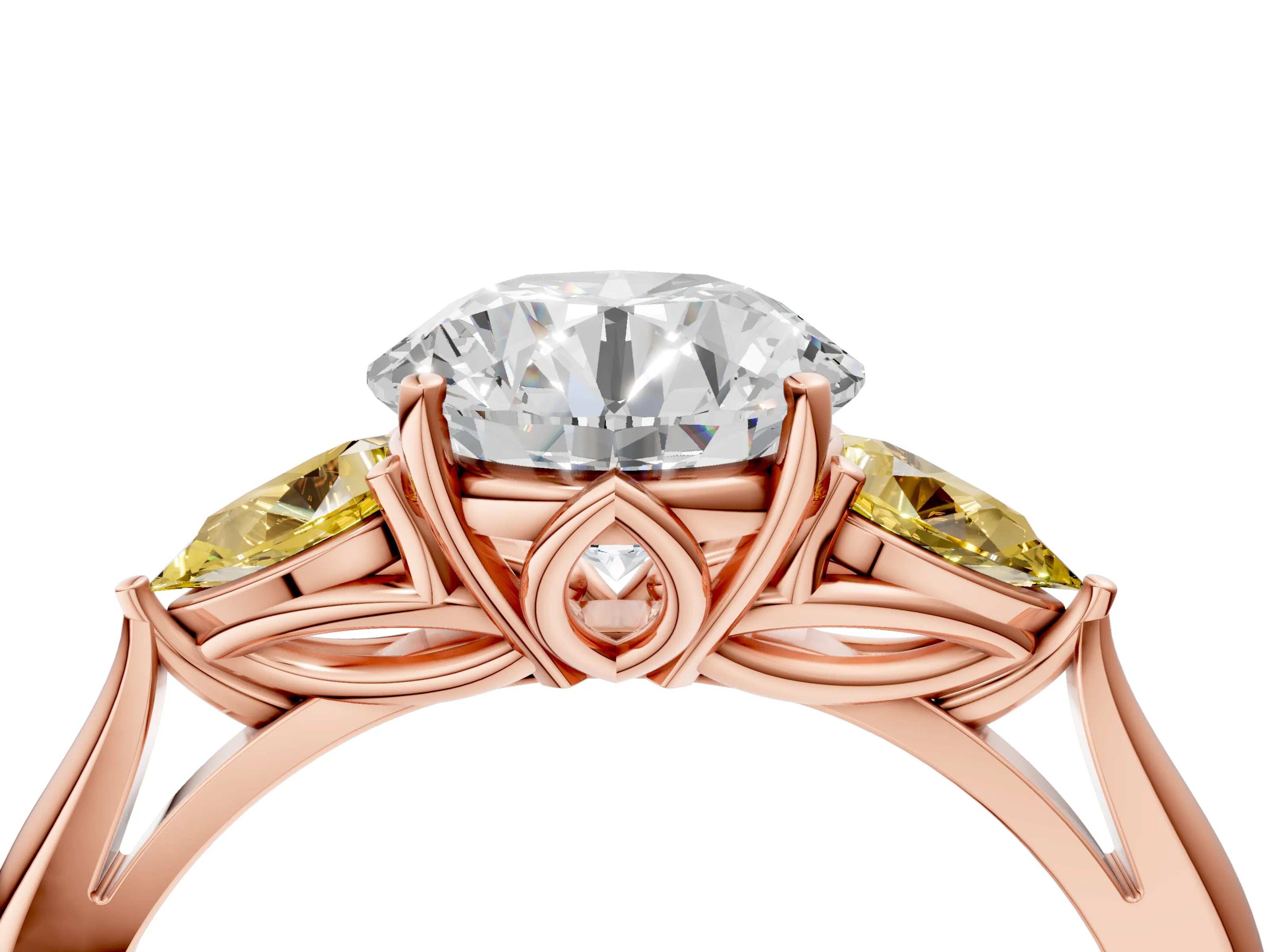 Rose gold Round Cut Diamond Three-Stone Ring with Pear with Yellow Sapphire side stone Side Stones and Prong Setting_4