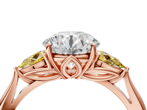 Rose gold Round Cut Diamond Three-Stone Ring with Pear with Yellow Sapphire side stone Side Stones and Prong Setting_4