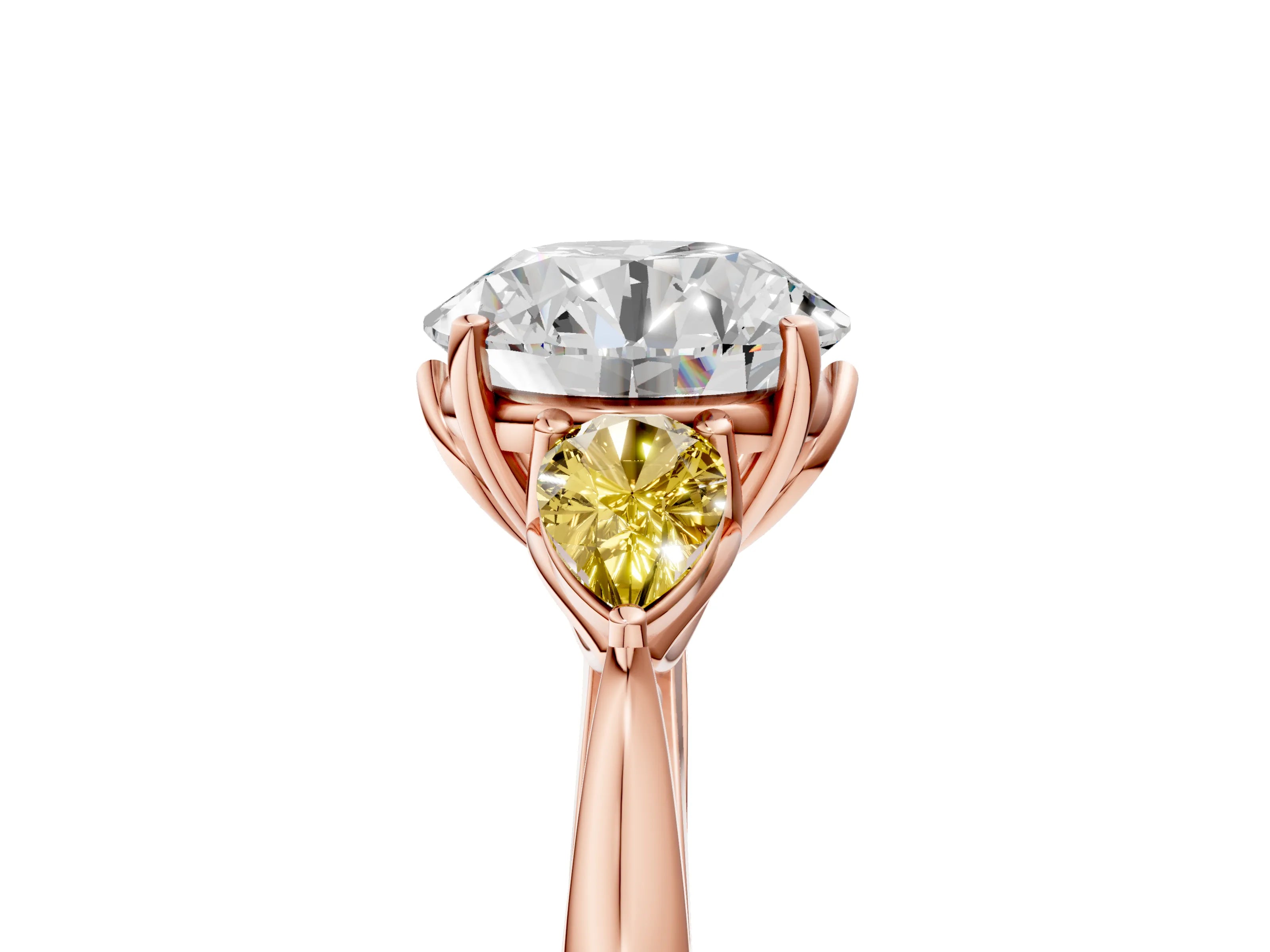 Rose gold Round Cut Diamond Three-Stone Ring with Pear with Yellow Sapphire side stone Side Stones and Prong Setting_5