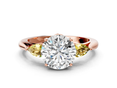 Rose gold Round Cut Diamond Three-Stone Ring with Pear with Yellow Sapphire side stone Side Stones and Prong Setting