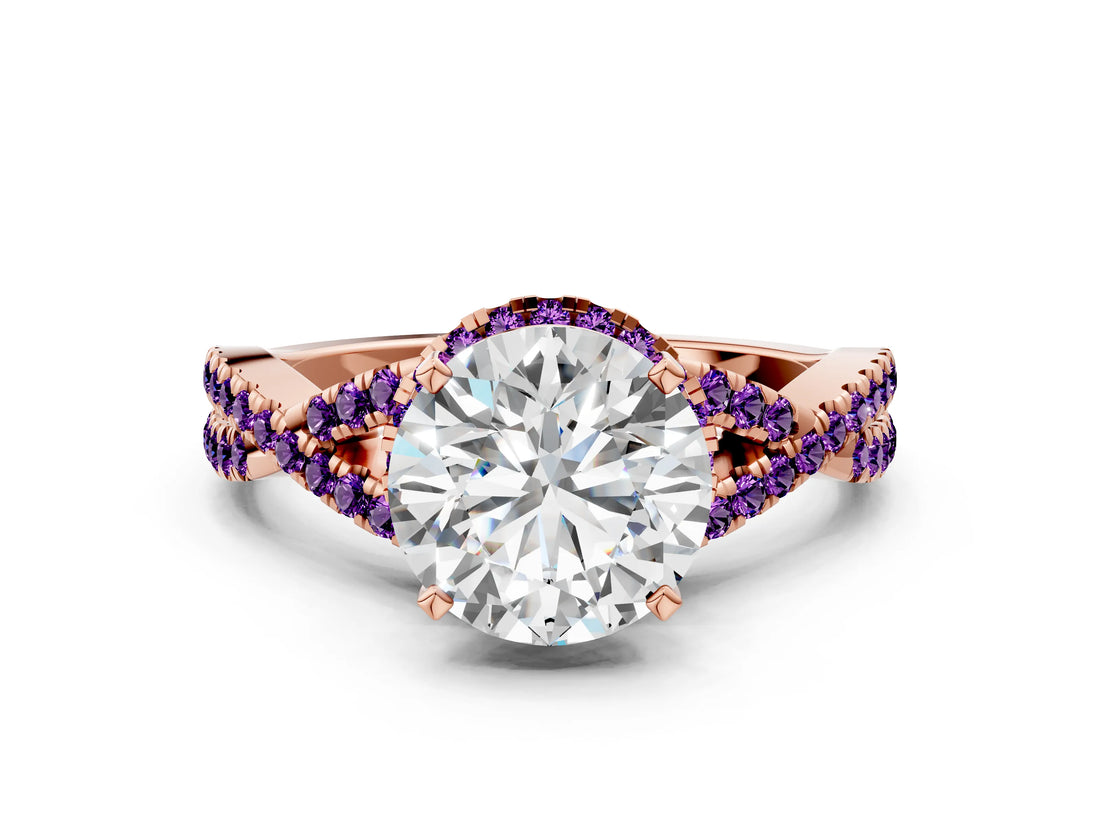 Rose gold Round Cut Diamond with Amethyst side stone Halo Twist Band Solitaire Prong Setting Ring_12