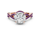 Rose gold Round Cut Diamond with Amethyst side stone Halo Twist Band Solitaire Prong Setting Ring_12