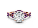 Rose gold Round Cut Diamond with Amethyst side stone Halo Twist Band Solitaire Prong Setting Ring_36