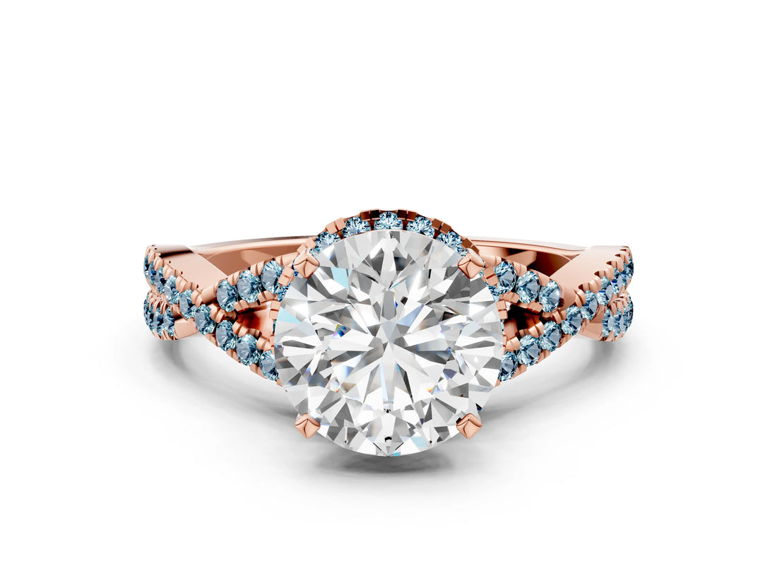 Rose gold Round Cut Diamond with Aquamarine side stone Halo Twist Band Solitaire Prong Setting Ring_12