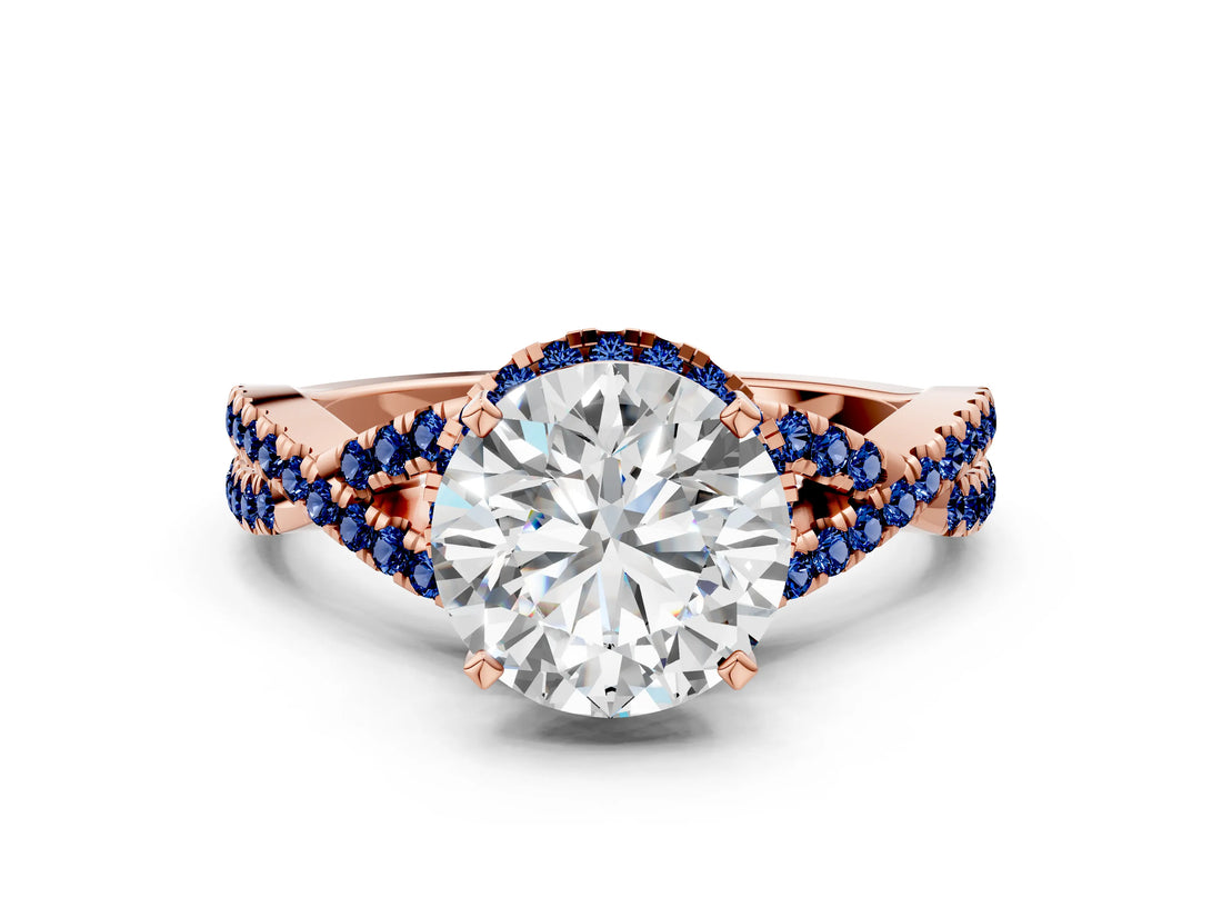 Rose gold Round Cut Diamond with Blue Sapphire side stone Halo Twist Band Solitaire Prong Setting Ring_12