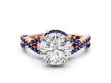 Rose gold Round Cut Diamond with Blue Sapphire side stone Halo Twist Band Solitaire Prong Setting Ring_12