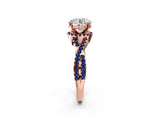 Rose gold Round Cut Diamond with Blue Sapphire side stone Halo Twist Band Solitaire Prong Setting Ring_14